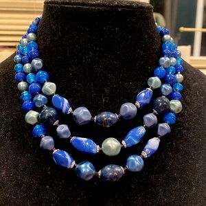 Japan 3 Strand Mostly Glass Beaded Necklace in Silver Tone Findings